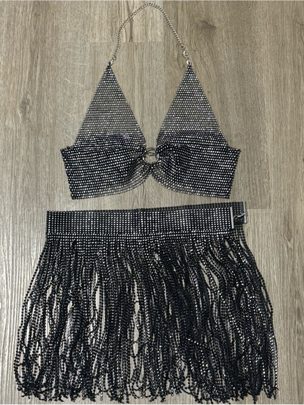 Rhinestone Fringe Two-Piece Halter Set - Black
